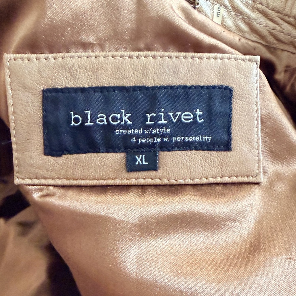 Black Rivet Soft Tan Leather Zippered Moto Bomber Jacket XL - Picture 6 of 8